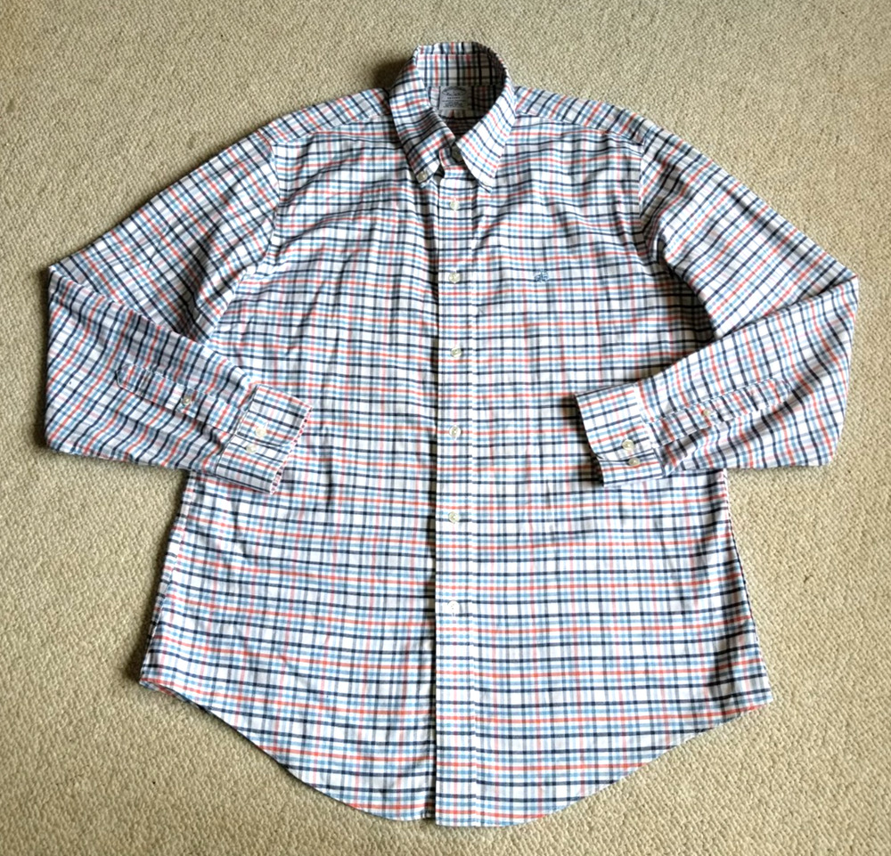 Mens Shirt-BROOKS BROTHERS-1818-blue/white/red plaid Supima Cotton 'Regent' ls-L